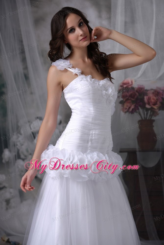 One Shoulder Brush Train Hand Made Flowers Waist Bridal dress