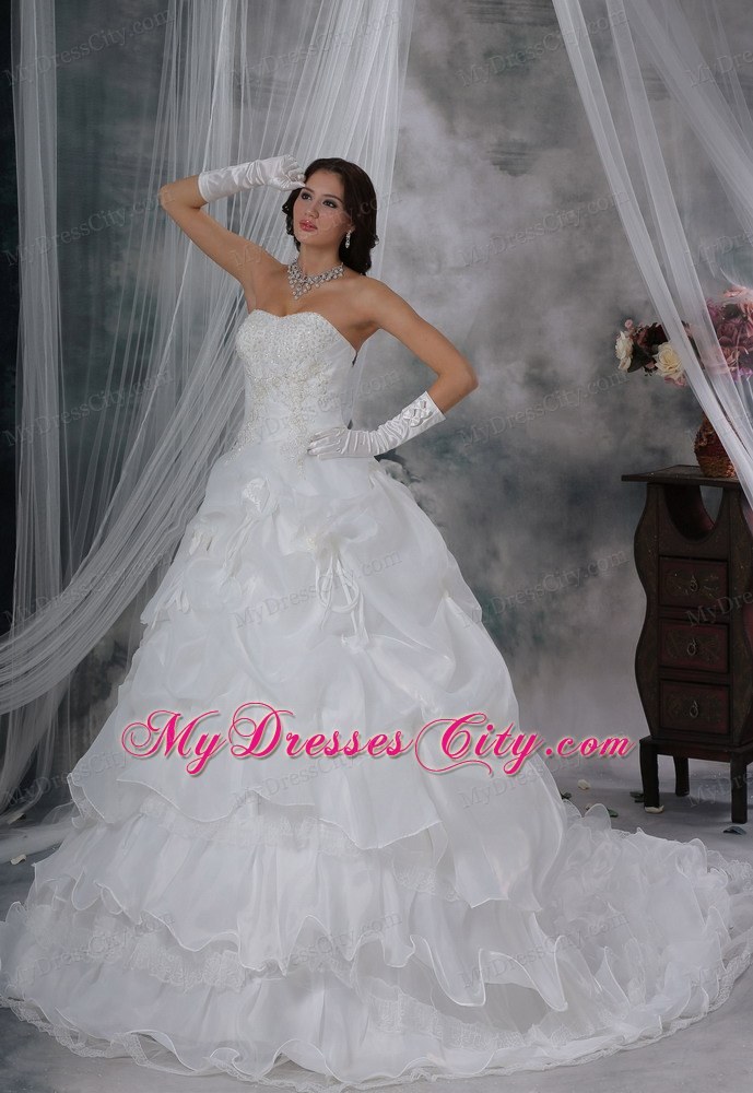 Beaded and Appliques Hand Made Flowers Pick-ups Wedding Dress