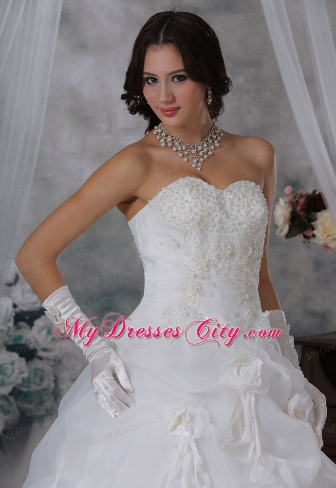 Beaded and Appliques Hand Made Flowers Pick-ups Wedding Dress