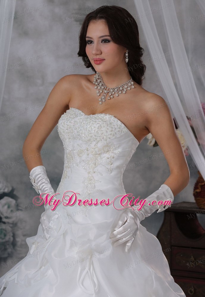 Beaded and Appliques Hand Made Flowers Pick-ups Wedding Dress