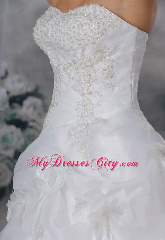 Beaded and Appliques Hand Made Flowers Pick-ups Wedding Dress