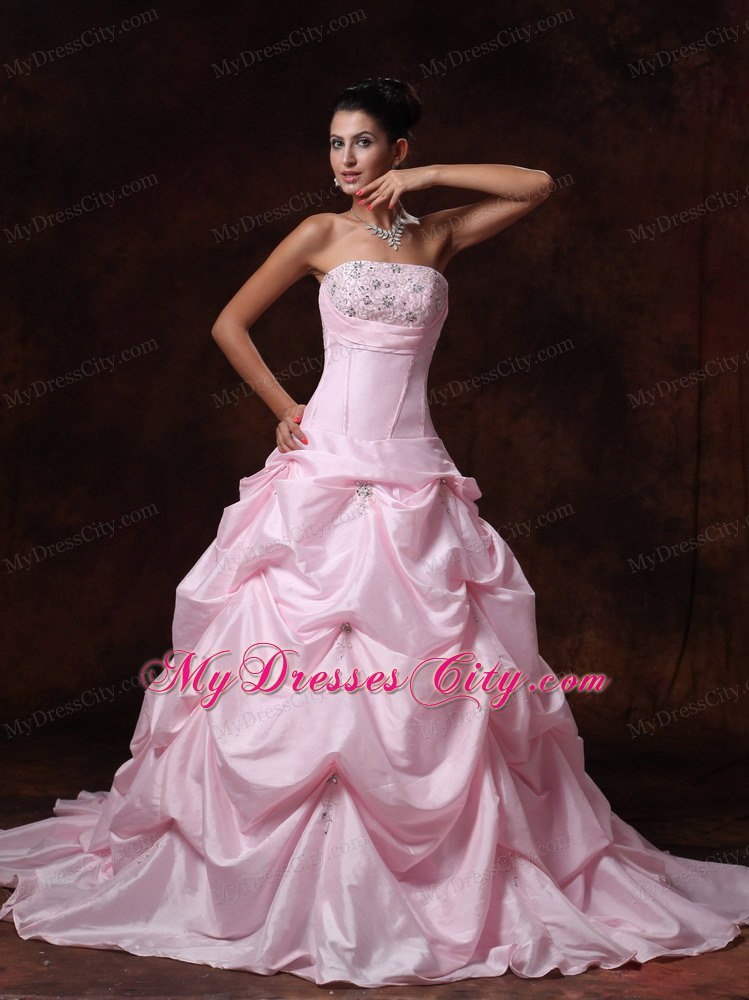 Pick-ups Strapless A-Line Chapel Train Wedding Dress in Pink