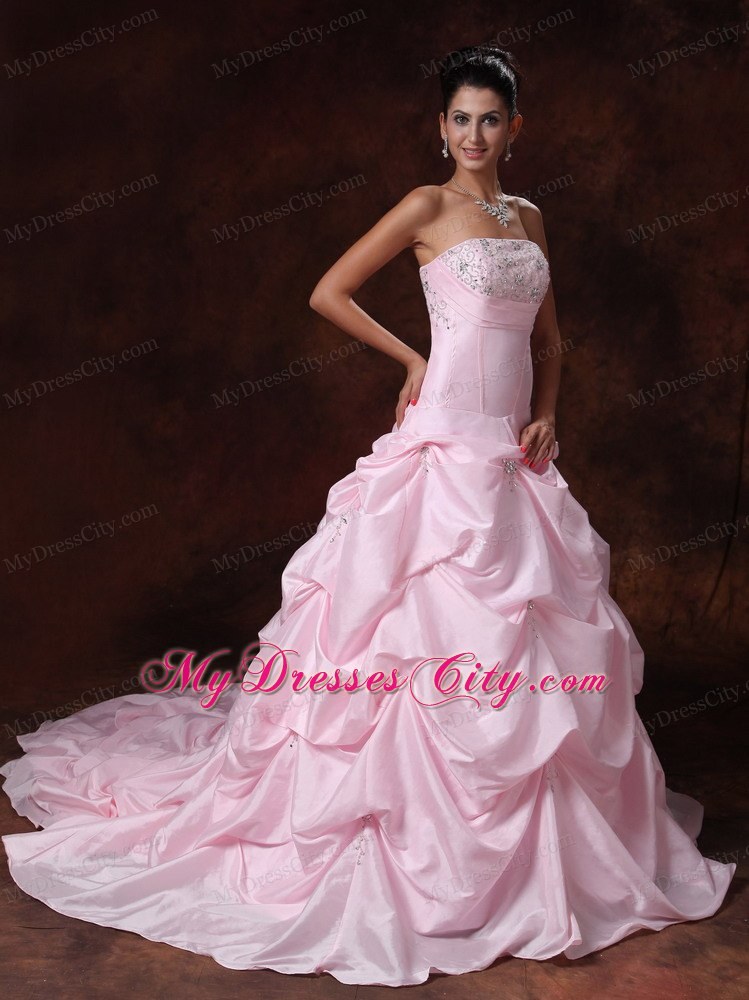 Pick-ups Strapless A-Line Chapel Train Wedding Dress in Pink