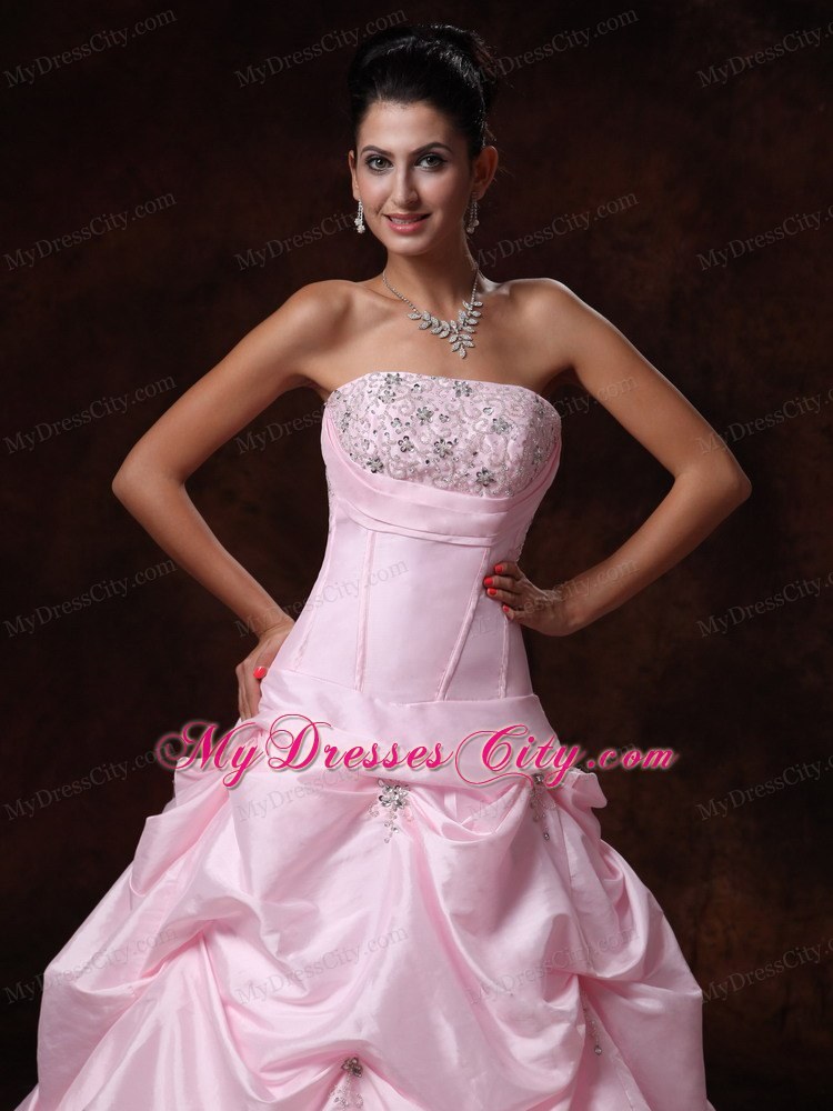 Pick-ups Strapless A-Line Chapel Train Wedding Dress in Pink