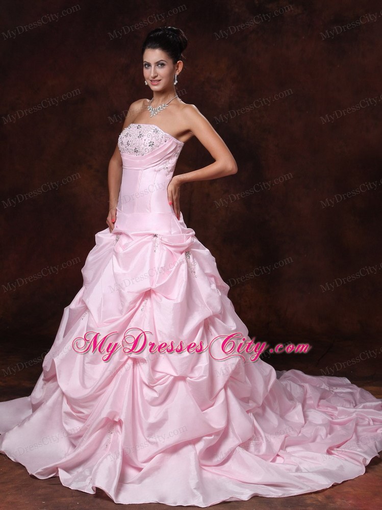 Pick-ups Strapless A-Line Chapel Train Wedding Dress in Pink