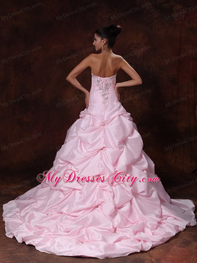 Pick-ups Strapless A-Line Chapel Train Wedding Dress in Pink