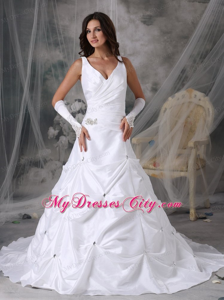 A-line V-neck Court Train Beading Wedding Dress with Pick-ups