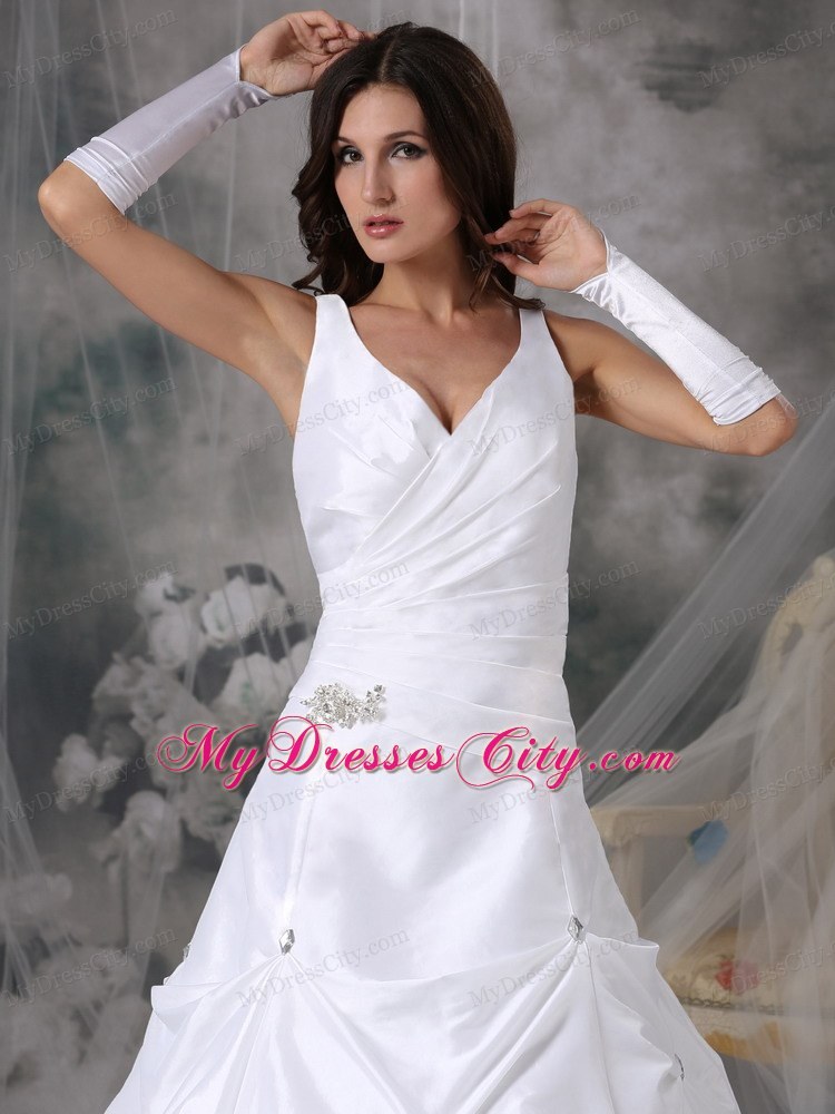 A-line V-neck Court Train Beading Wedding Dress with Pick-ups