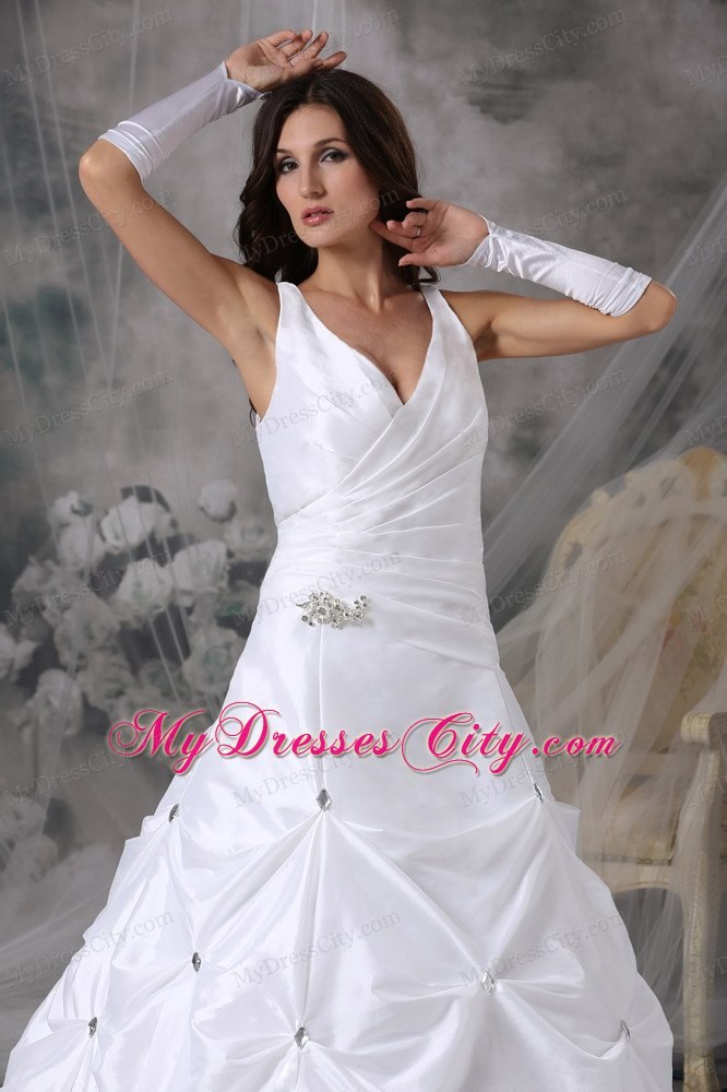 A-line V-neck Court Train Beading Wedding Dress with Pick-ups