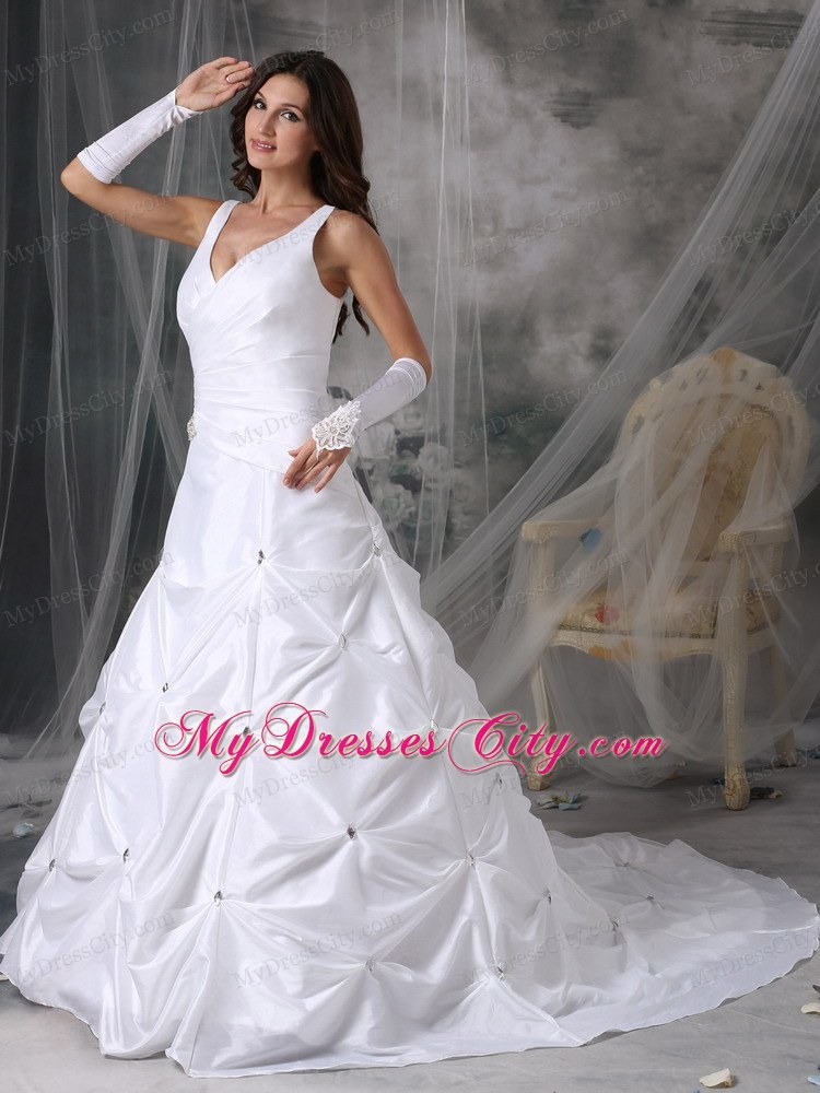 A-line V-neck Court Train Beading Wedding Dress with Pick-ups