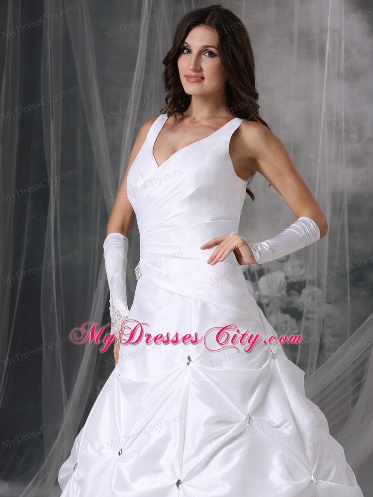 A-line V-neck Court Train Beading Wedding Dress with Pick-ups