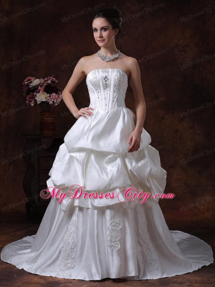 Beading Pick Up Strapless Taffeta Court Train Wedding Dress