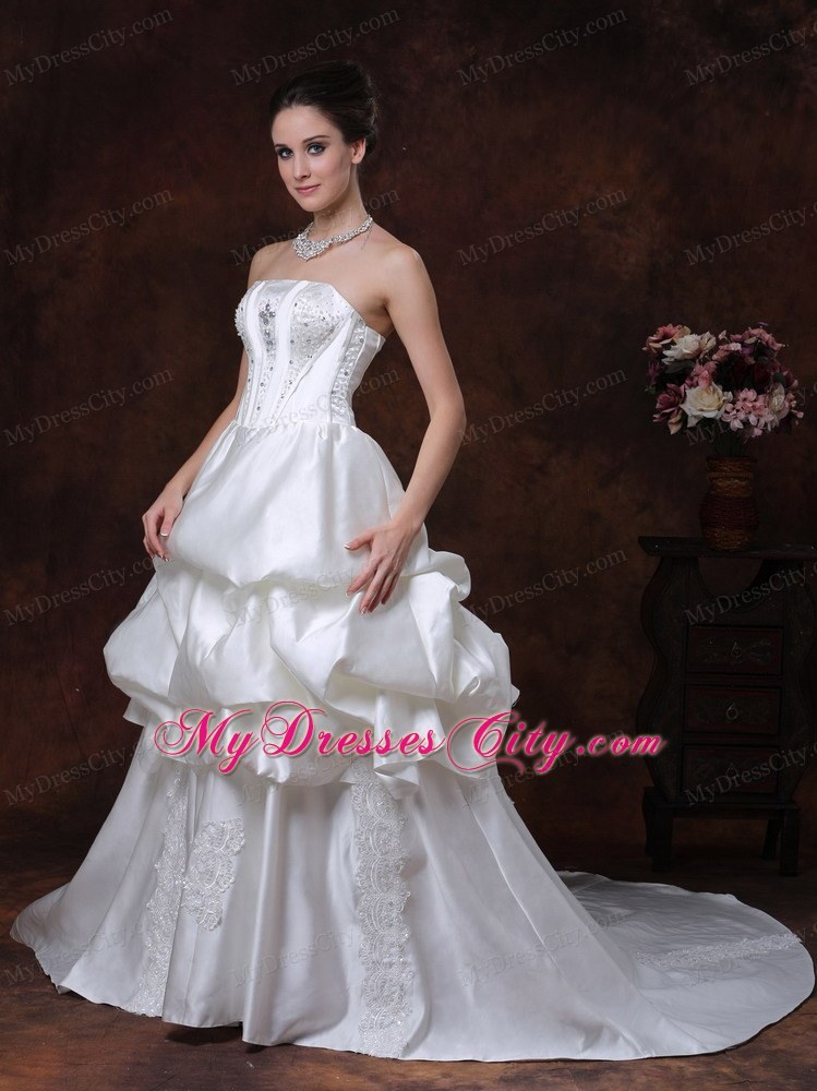 Beading Pick Up Strapless Taffeta Court Train Wedding Dress