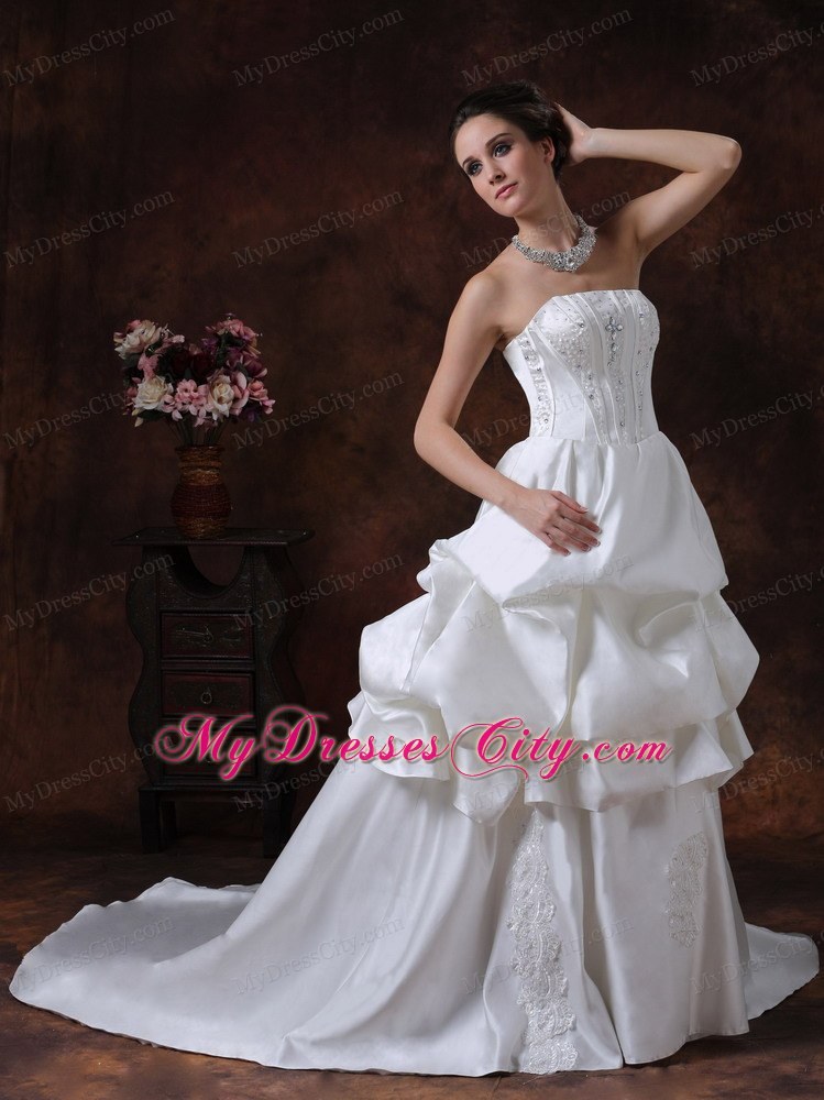 Beading Pick Up Strapless Taffeta Court Train Wedding Dress