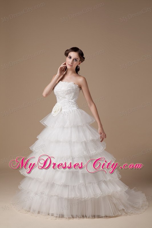 Beautiful Strapless Hand Made Flower and Appliques Bridal Gown