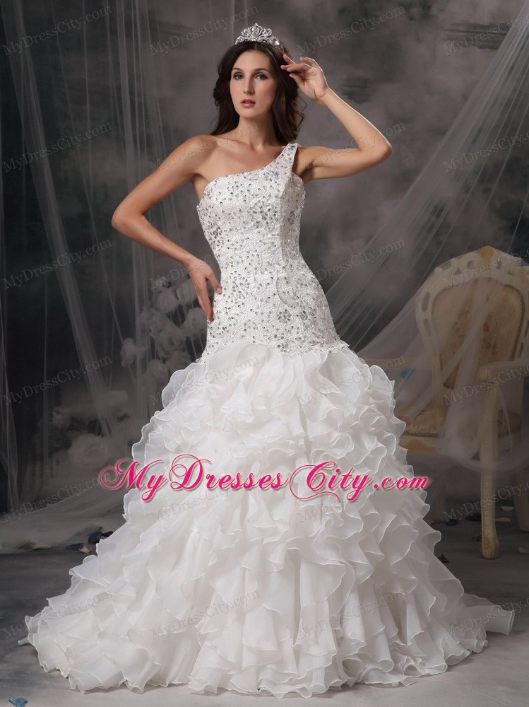 Luxurious A-line One Shoulder Beaded Over Bodice Wedding Dress