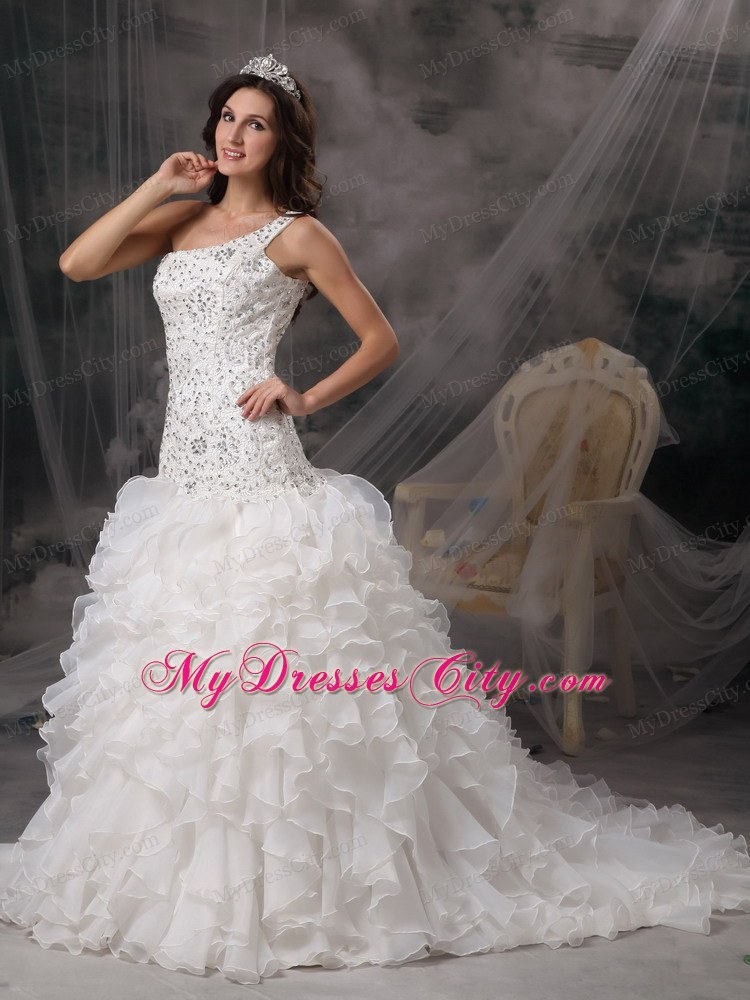 Luxurious A-line One Shoulder Beaded Over Bodice Wedding Dress