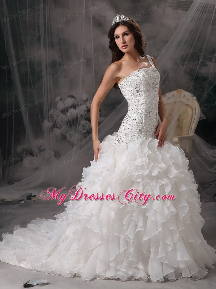 Luxurious A-line One Shoulder Beaded Over Bodice Wedding Dress