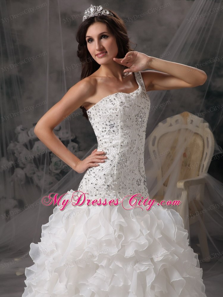 Luxurious A-line One Shoulder Beaded Over Bodice Wedding Dress