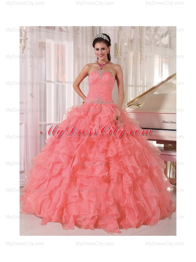 Ball Gown Strapless Best Organza Beading Quinceanera Dress in Watermelon Red