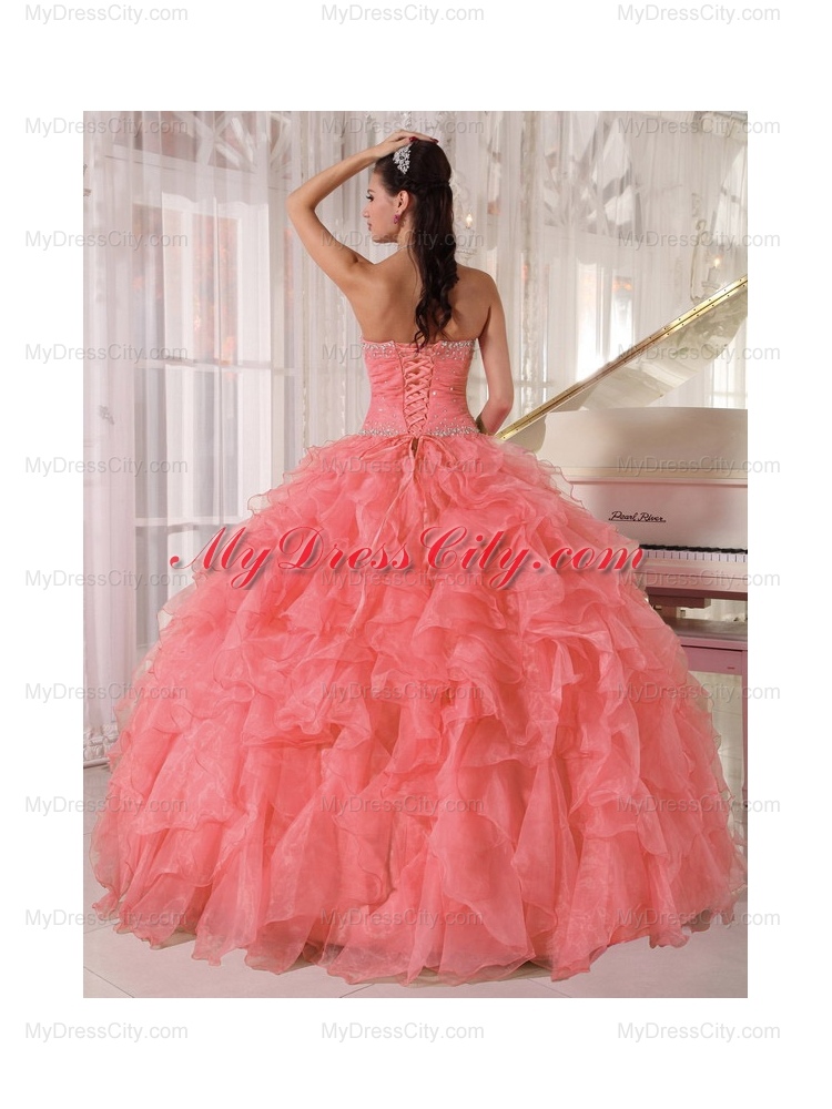 Ball Gown Strapless Best Organza Beading Quinceanera Dress in Watermelon Red