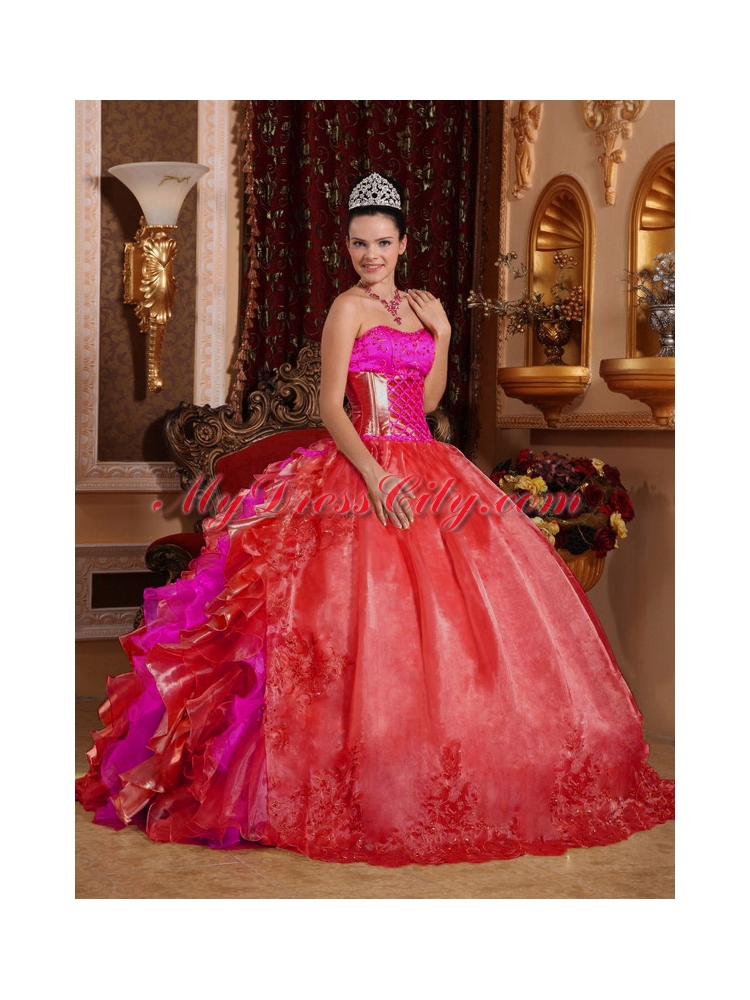 Strapless Ball Gown Ruffles and Beading Embroidery Red Best Quinceanera Dresses