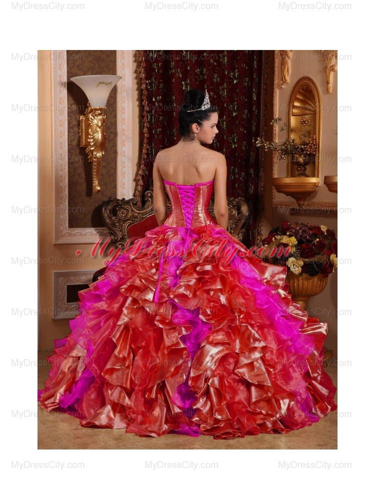 Strapless Ball Gown Ruffles and Beading Embroidery Red Best Quinceanera Dresses