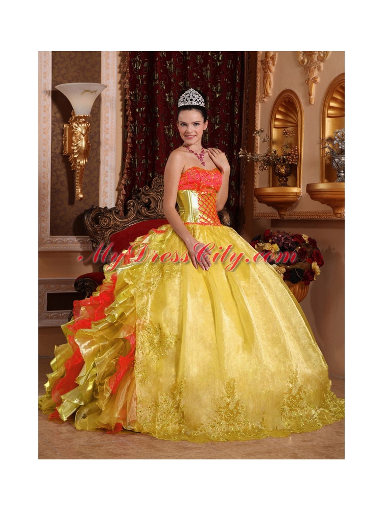 Strapless Ball Gown Rufles Organza Embroidery Gold 2014 Quinceanera Dresses