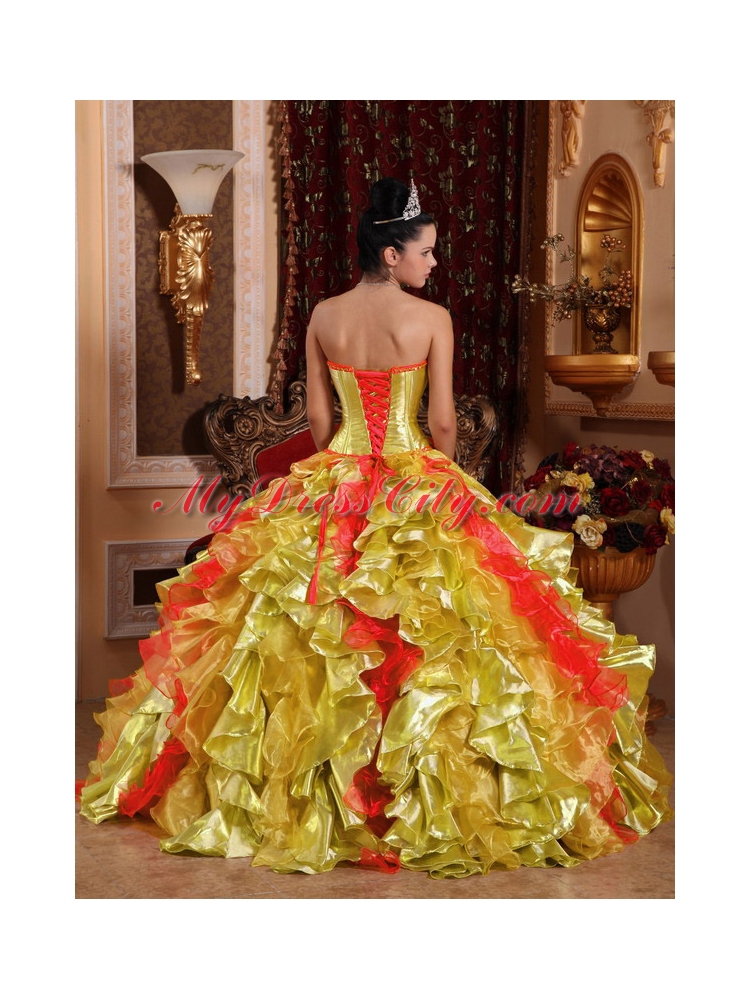 Strapless Ball Gown Rufles Organza Embroidery Gold 2014 Quinceanera Dresses