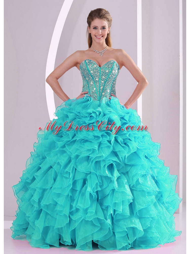 Aqua Blue Ball Gown Sweetheart Beaded Classic Quinceanera Dresses with Ruffles