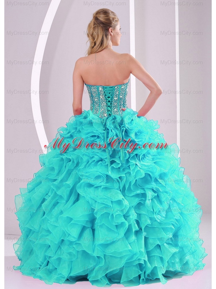 Aqua Blue Ball Gown Sweetheart Beaded Classic Quinceanera Dresses with Ruffles