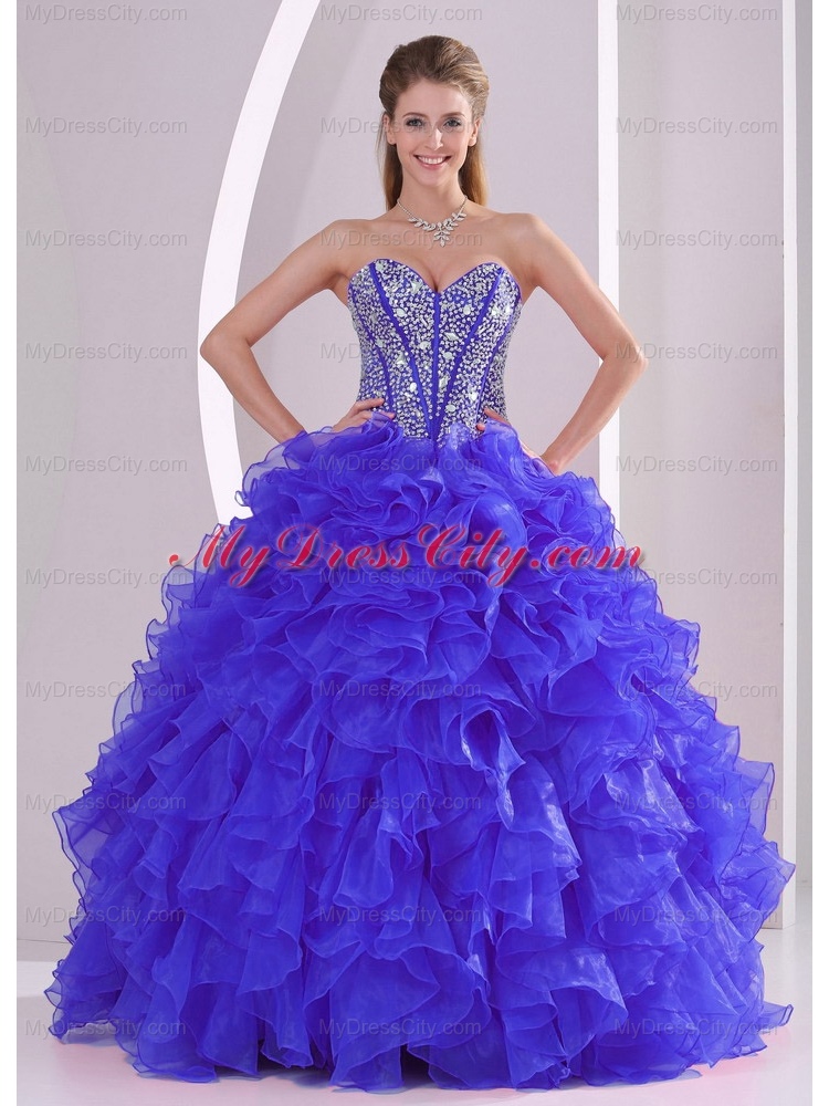 Blue Sweetheart Organza Cheap Quinceanera Dresses with Ruffles and Beading