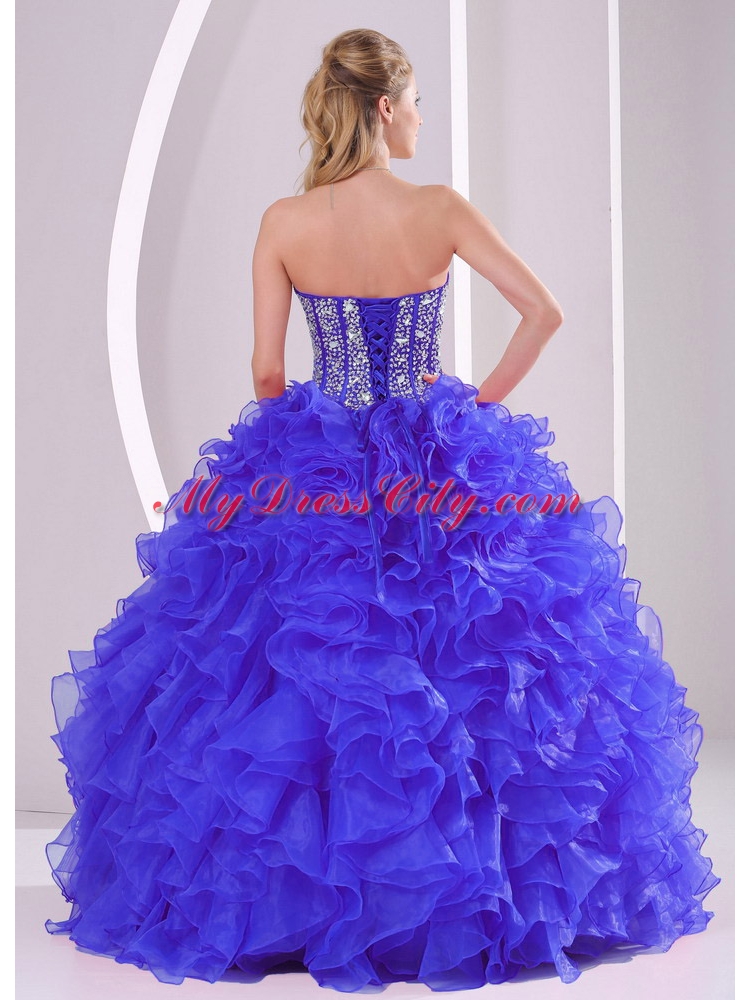 Blue Sweetheart Organza Cheap Quinceanera Dresses with Ruffles and Beading