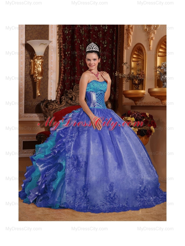 Cheap Ball Gown Strapless Blue Organza Cheap Quinceanera Dresses with Embroidery