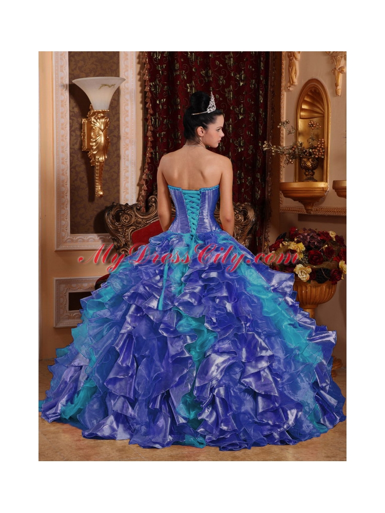 Cheap Ball Gown Strapless Blue Organza Cheap Quinceanera Dresses with Embroidery