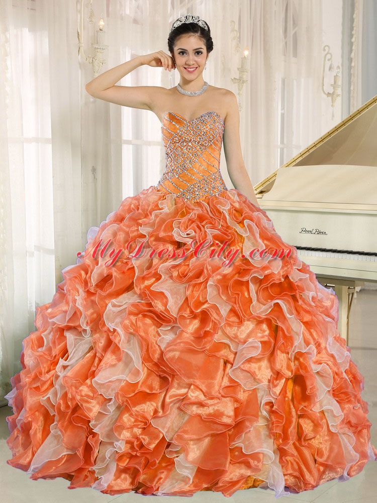 Ruffles Orange Sweetheart Beaded Quinceanera Dress