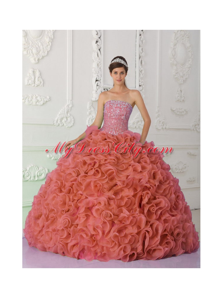 Rust Red Strapless Organza Beading and Ruffled Cheap Quinceanera Dresses