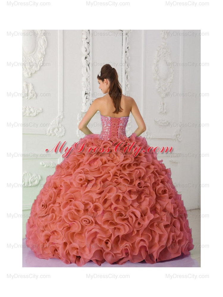 Rust Red Strapless Organza Beading and Ruffled Cheap Quinceanera Dresses