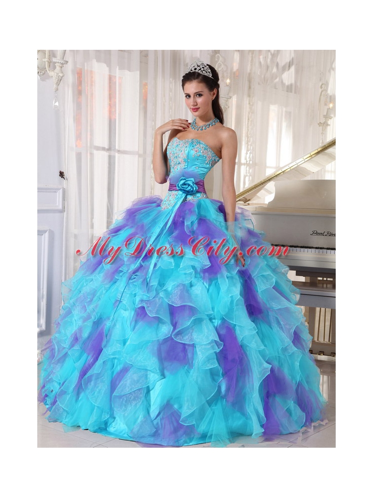 2014 Aqua and Purple Organza Appliques Decorate Elegant Quinceanera Dresses