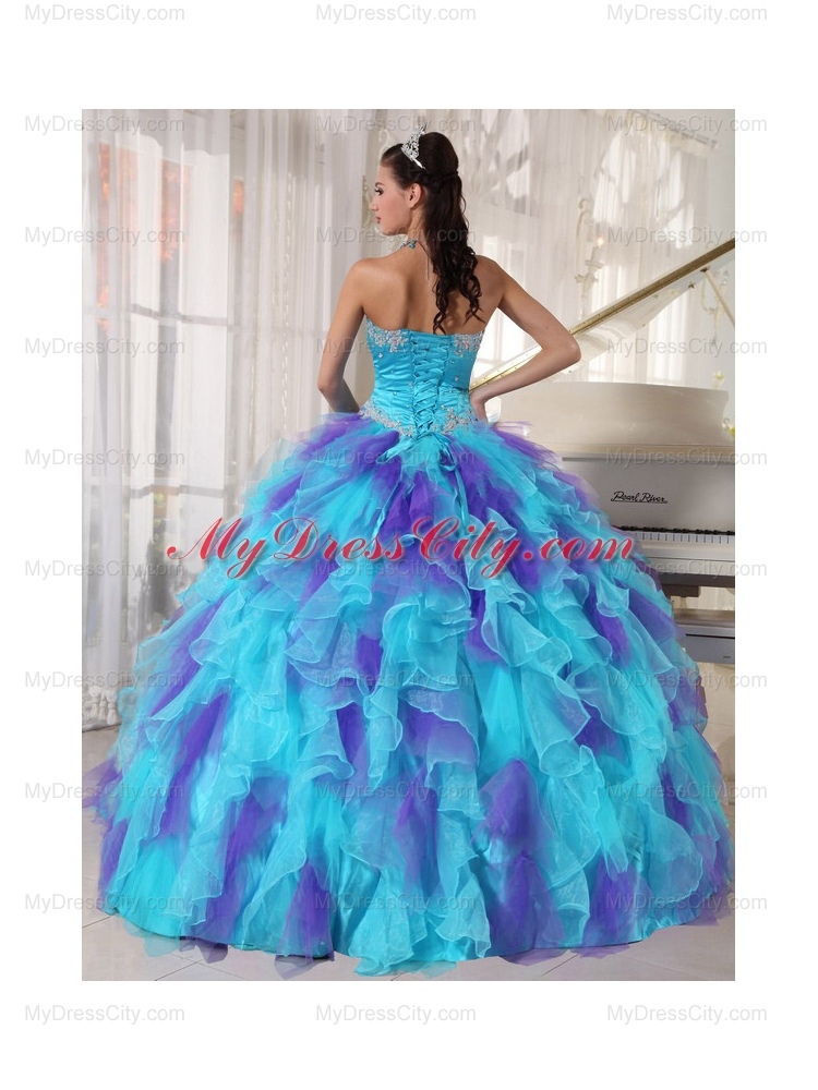 2014 Aqua and Purple Organza Appliques Decorate Elegant Quinceanera Dresses