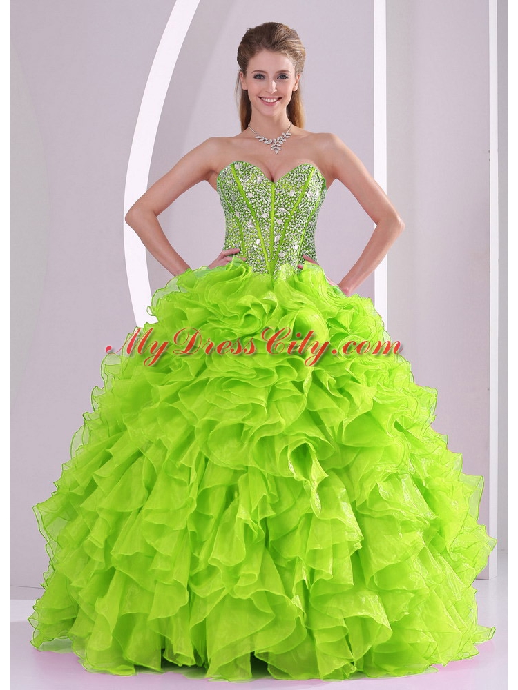 Best Seller Spring Green Sweetheart Ruffles and Beading 2014 Quinceanera Dresses