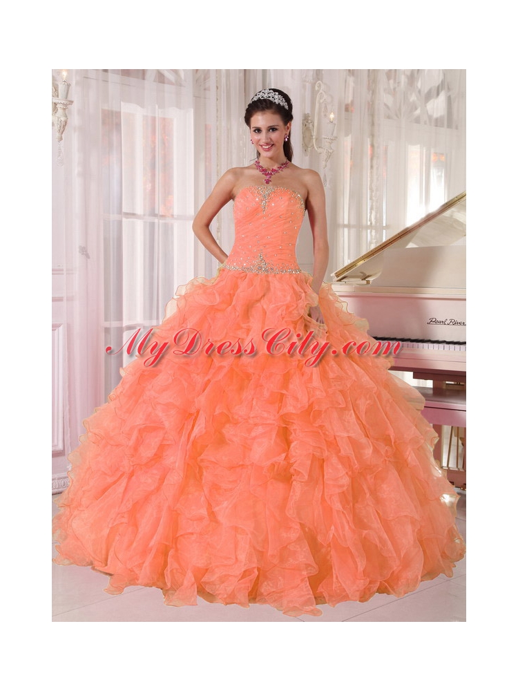 Lovely Orange Ball Gown Strapless Organza Elegant Quinceanera Dresses with Beading and Ruffles