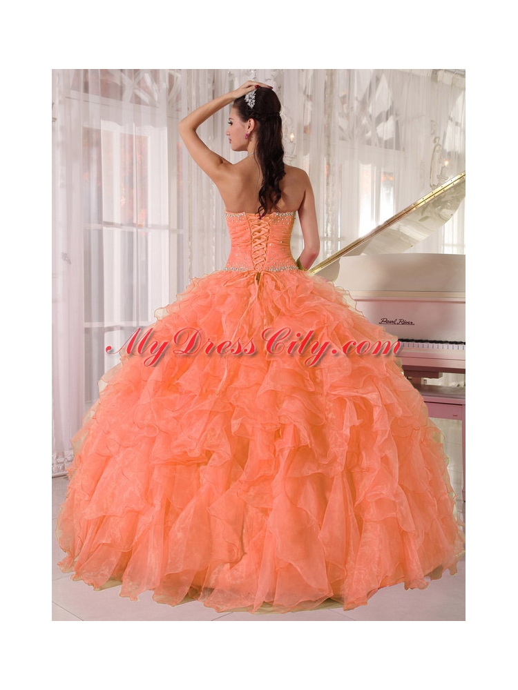 Lovely Orange Ball Gown Strapless Organza Elegant Quinceanera Dresses with Beading and Ruffles