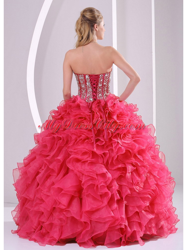 Red Ball Gown Sweetheart Ruffles and Beading Decorate Quinceanera Gowns in Sweet 16