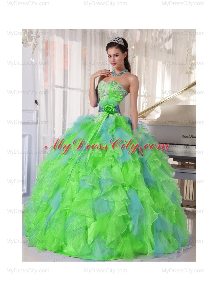 Spring Green and Blue Organza Appliques and Ruffles Quinceanera Dress