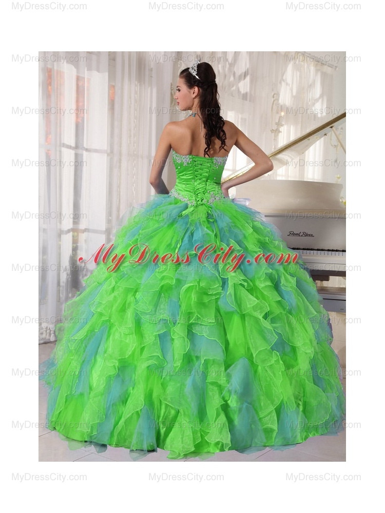 Spring Green and Blue Organza Appliques and Ruffles Quinceanera Dress