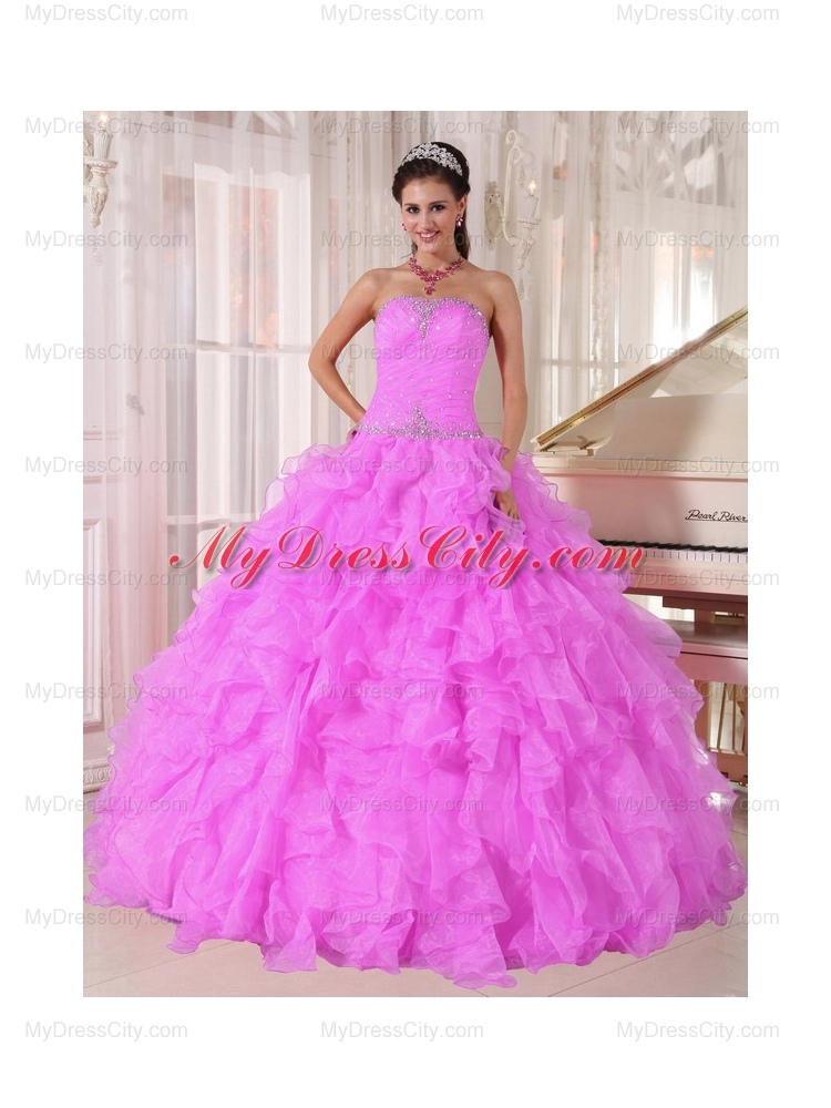 Sweet Ball Gown Strapless Ruffles Organza Beading Fuchsia Quinceanera Dress