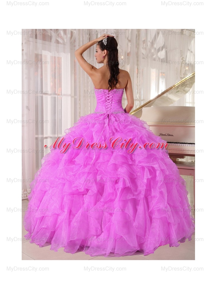 Sweet Ball Gown Strapless Ruffles Organza Beading Fuchsia Quinceanera Dress