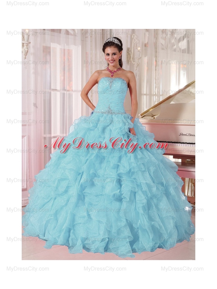 2014 Low Price puffy Light Blue Unique Quinceanera Dresses with Beading and Ruffles