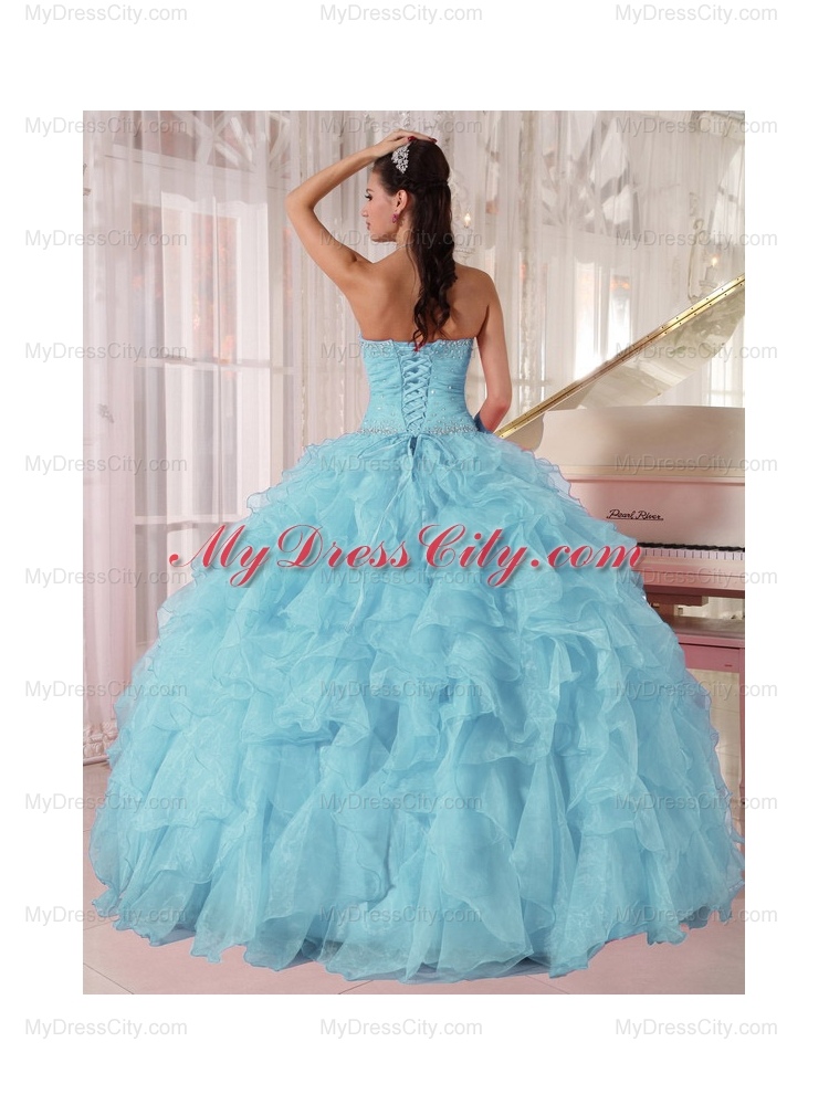 2014 Low Price puffy Light Blue Unique Quinceanera Dresses with Beading and Ruffles